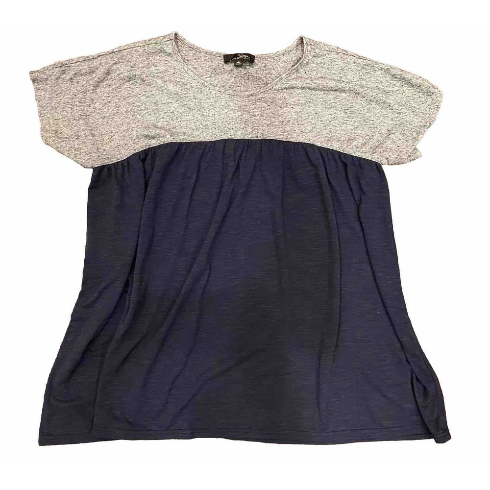 Suzanne Betro Navy Gray Linen Tunic Women’s Large Summer Cruise Flowy Top Blouse
